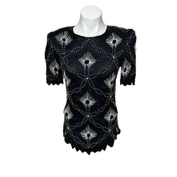 Vintage Scala silk beaded top in black and white size S - Picture 1 of 16